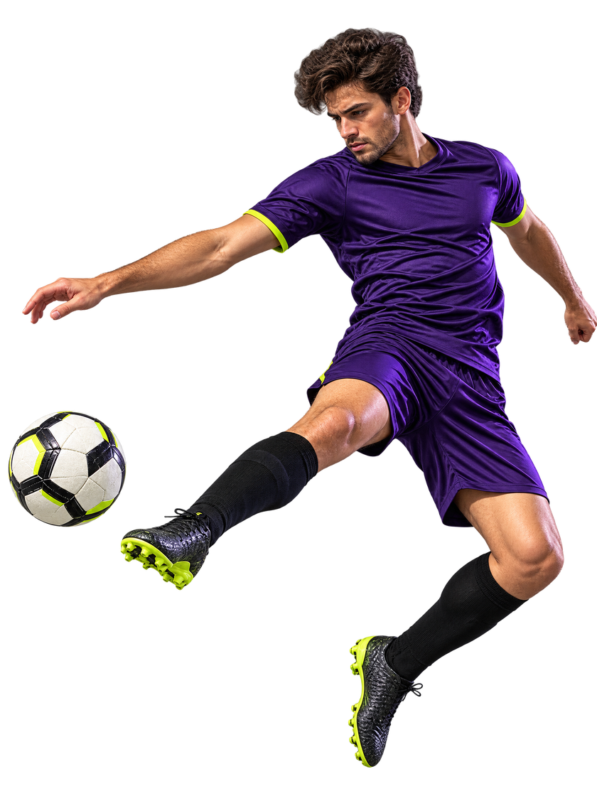 Fictional football player striking a ball