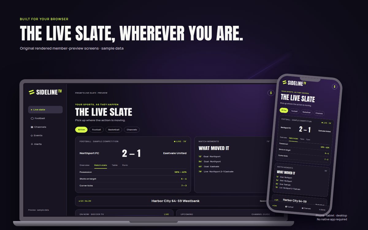 A laptop and phone displaying real HTML sample sports dashboards